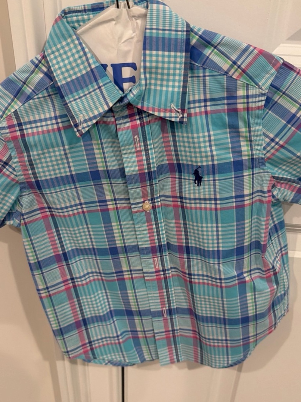 Ralph Lauren Boys Teal Plaid Button-Down Shirt with Navy Logo